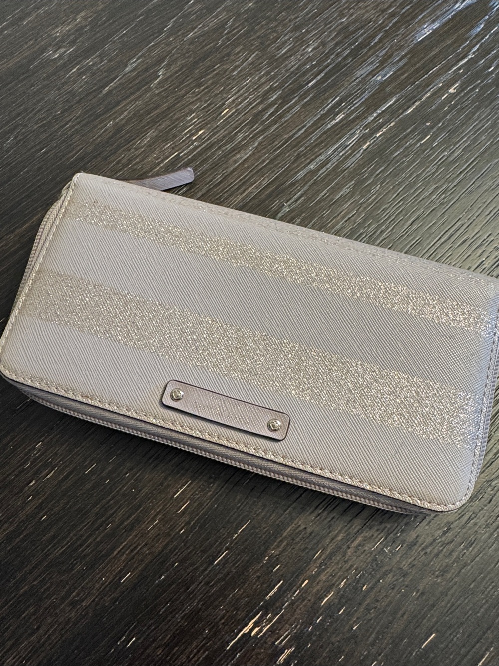 kate spade Metallic Light Gray Zip-Around Wallet with Glitter Stripes